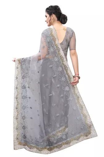 Grey Zari Resham Moti Stone Embroidered Net Party Wear Saree With Blouse Piece
