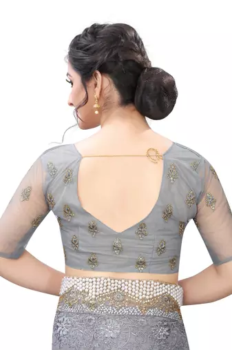 Grey Zari Resham Moti Stone Embroidered Net Party Wear Saree With Blouse Piece