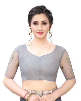 Grey Zari Resham Moti Stone Embroidered Net Party Wear Saree With Blouse Piece 5