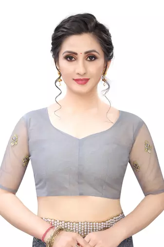 Grey Zari Resham Moti Stone Embroidered Net Party Wear Saree With Blouse Piece