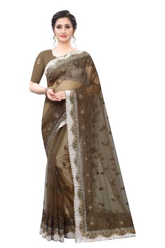 Brown Zari Resham Moti Stone Embroidered Net Party Wear Saree With Blouse Piece