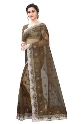 Brown Zari Resham Moti Stone Embroidered Net Party Wear Saree With Blouse Piece 2