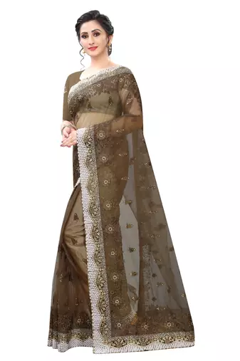 Brown Zari Resham Moti Stone Embroidered Net Party Wear Saree With Blouse Piece