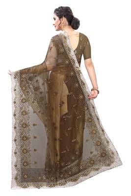 Brown Zari Resham Moti Stone Embroidered Net Party Wear Saree With Blouse Piece 3