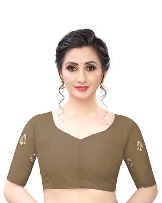 Brown Zari Resham Moti Stone Embroidered Net Party Wear Saree With Blouse Piece 4