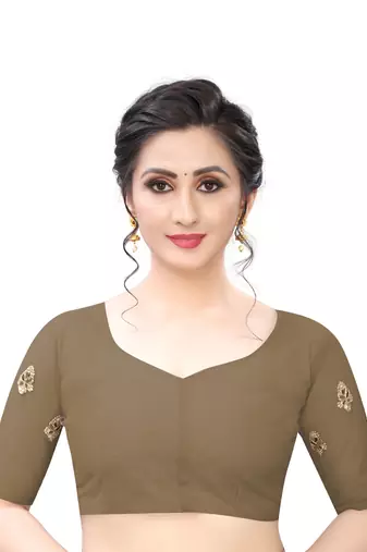 Brown Zari Resham Moti Stone Embroidered Net Party Wear Saree With Blouse Piece