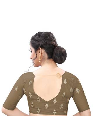 Brown Zari Resham Moti Stone Embroidered Net Party Wear Saree With Blouse Piece 5