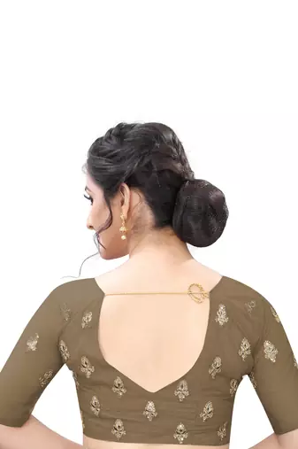Brown Zari Resham Moti Stone Embroidered Net Party Wear Saree With Blouse Piece