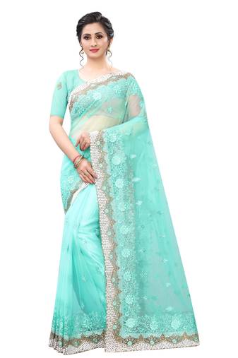Sky Blue Zari Resham Moti Stone Embroidered Net Party Wear Saree With Blouse Piece