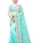 Sky Blue Zari Resham Moti Stone Embroidered Net Party Wear Saree With Blouse Piece