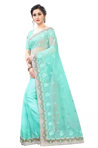 Sky Blue Zari Resham Moti Stone Embroidered Net Party Wear Saree With Blouse Piece