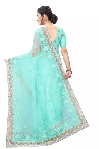 Sky Blue Zari Resham Moti Stone Embroidered Net Party Wear Saree With Blouse Piece