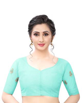 Sky Blue Zari Resham Moti Stone Embroidered Net Party Wear Saree With Blouse Piece 4
