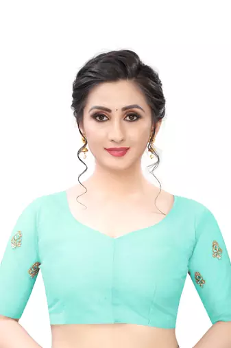 Sky Blue Zari Resham Moti Stone Embroidered Net Party Wear Saree With Blouse Piece
