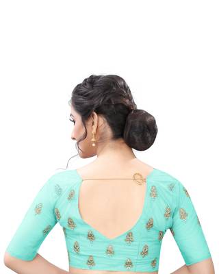 Sky Blue Zari Resham Moti Stone Embroidered Net Party Wear Saree With Blouse Piece 5