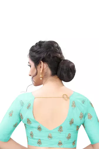 Sky Blue Zari Resham Moti Stone Embroidered Net Party Wear Saree With Blouse Piece