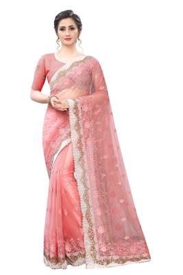 Pink Zari Resham Moti Stone Embroidered Net Party Wear Saree With Blouse Piece 1