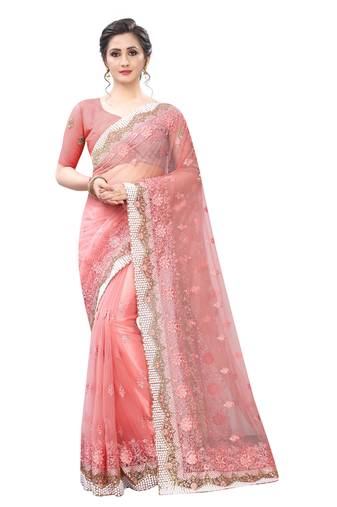 Pink Zari Resham Moti Stone Embroidered Net Party Wear Saree With Blouse Piece