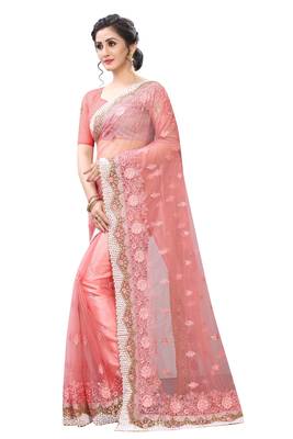 Pink Zari Resham Moti Stone Embroidered Net Party Wear Saree With Blouse Piece 2