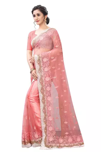 Pink Zari Resham Moti Stone Embroidered Net Party Wear Saree With Blouse Piece