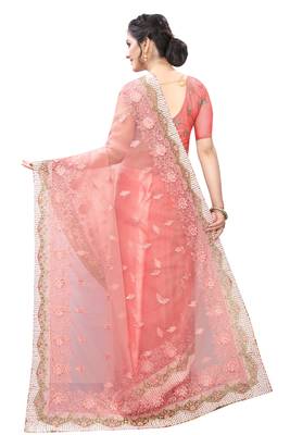 Pink Zari Resham Moti Stone Embroidered Net Party Wear Saree With Blouse Piece 3