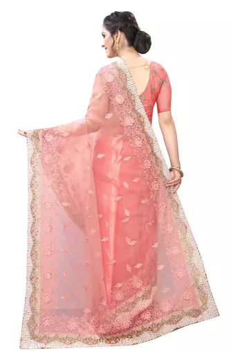 Pink Zari Resham Moti Stone Embroidered Net Party Wear Saree With Blouse Piece