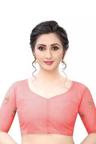 Pink Zari Resham Moti Stone Embroidered Net Party Wear Saree With Blouse Piece