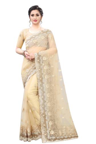 Beige Zari Resham Moti Stone Embroidered Net Party Wear Saree With Blouse Piece