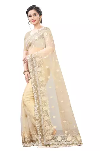 Beige Zari Resham Moti Stone Embroidered Net Party Wear Saree With Blouse Piece