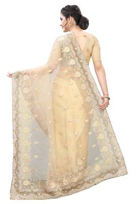 Beige Zari Resham Moti Stone Embroidered Net Party Wear Saree With Blouse Piece 3