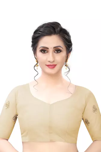 Beige Zari Resham Moti Stone Embroidered Net Party Wear Saree With Blouse Piece
