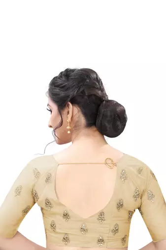 Beige Zari Resham Moti Stone Embroidered Net Party Wear Saree With Blouse Piece
