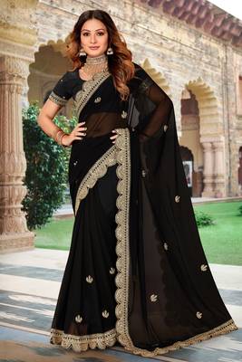 Black Sequence Coding Embroidered Georgette Saree With Matching Blouse Piece 1