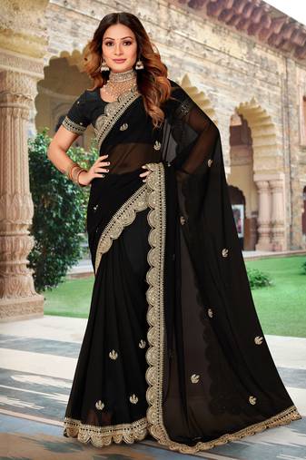 Black Sequence Coding Embroidered Georgette Saree With Matching Blouse Piece
