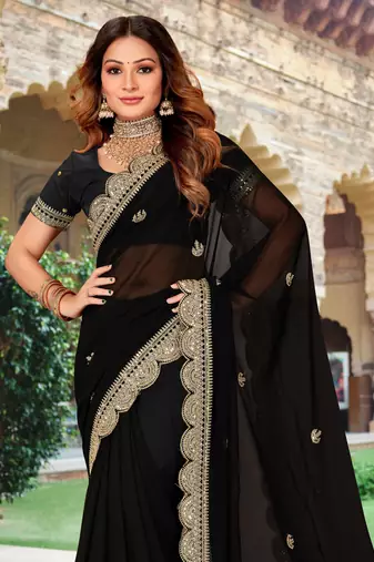 Black Sequence Coding Embroidered Georgette Saree With Matching Blouse Piece