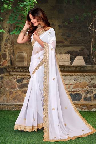 White Sequence Coding Embroidered Georgette Saree With Matching Blouse Piece