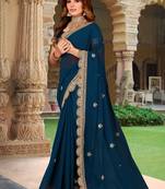 Teal Blue Sequence Coding Embroidered Georgette Saree With Matching Blouse Piece