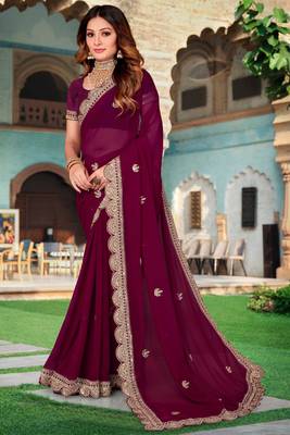 Purple Sequence Coding Embroidered Georgette Saree With Matching Blouse Piece 1