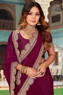 Purple Sequence Coding Embroidered Georgette Saree With Matching Blouse Piece 2