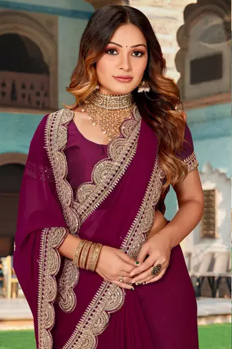 Purple Sequence Coding Embroidered Georgette Saree With Matching Blouse Piece