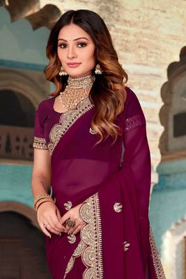 Purple Sequence Coding Embroidered Georgette Saree With Matching Blouse Piece 3