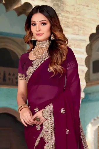 Purple Sequence Coding Embroidered Georgette Saree With Matching Blouse Piece