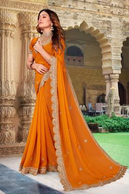 Mustard Sequence Coding Embroidered Georgette Saree With Matching Blouse Piece 1