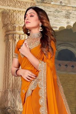 Mustard Sequence Coding Embroidered Georgette Saree With Matching Blouse Piece 3