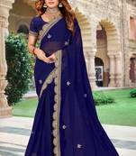Navy Blue Sequence Coding Embroidered Georgette Saree With Matching Blouse Piece