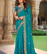 Turquoise Sequence Coding Embroidered Georgette Saree With Matching Blouse Piece