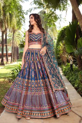 Outstanding Blue Chinon 3Mm, 9Mm Sequins with Thread & Jari Embroidery Semi-Stitched Lehenga Choli Set