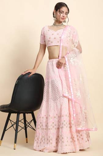 Stunning Baby Pink Faux Georgette 3Mm Sequins with Thread & Jari Embroidery Semi-Stitched Lehenga Choli Set