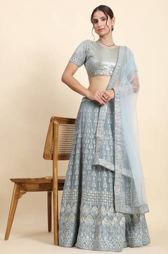 Mesmerizing Grey Faux Georgette 3Mm Sequins with Thread & Jari Embroidery Semi-Stitched Lehenga Choli Set