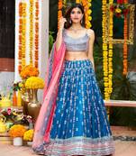 Gorgeous Blue Sequins with Thread & Zari Embroidery Chinon Semi-Stitched Lehenga Choli Set